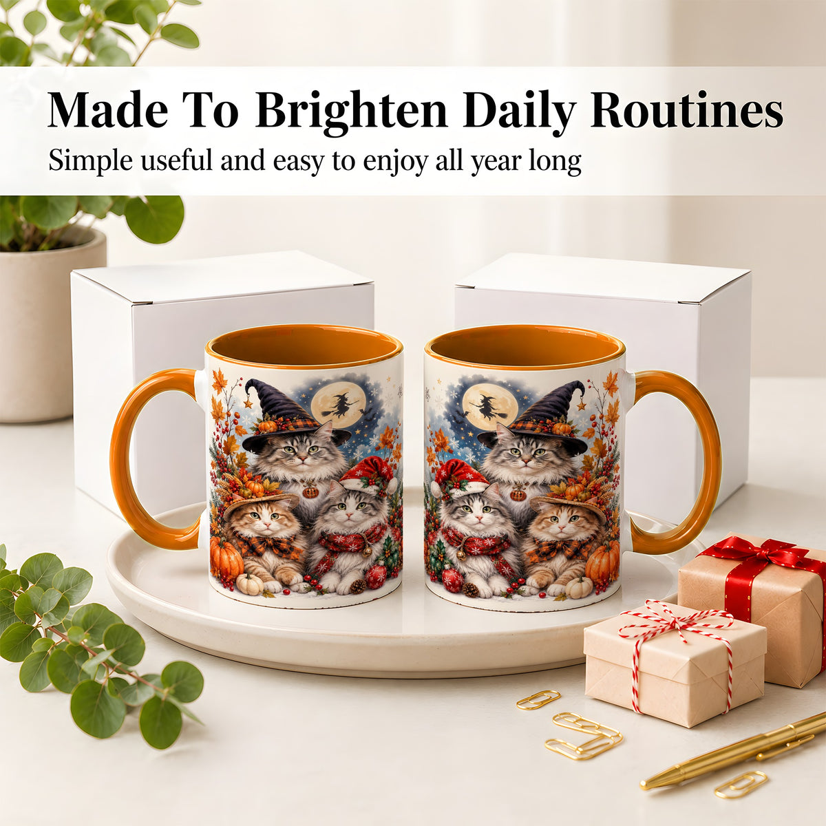 #pl[11oz|Orange] Halloween Cats Ceramic Mug, Witch Hat Pumpkin Art for Cat Lovers