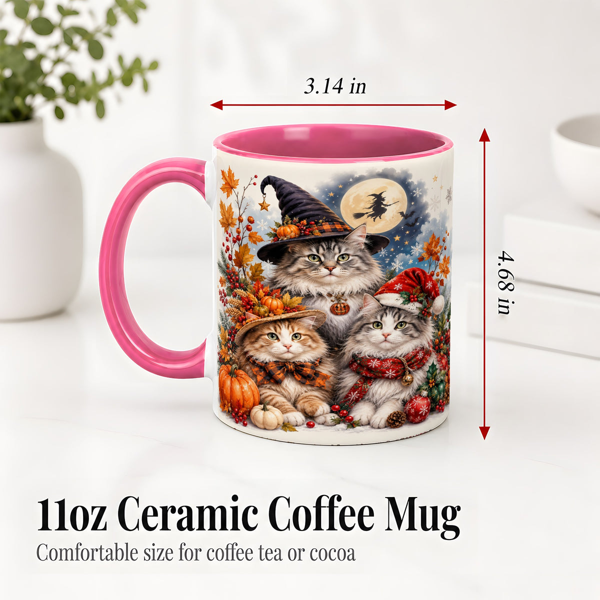 #pl[11oz|Pink] Halloween Cats Ceramic Mug, Witch Hat Pumpkin Art for Cat Lovers