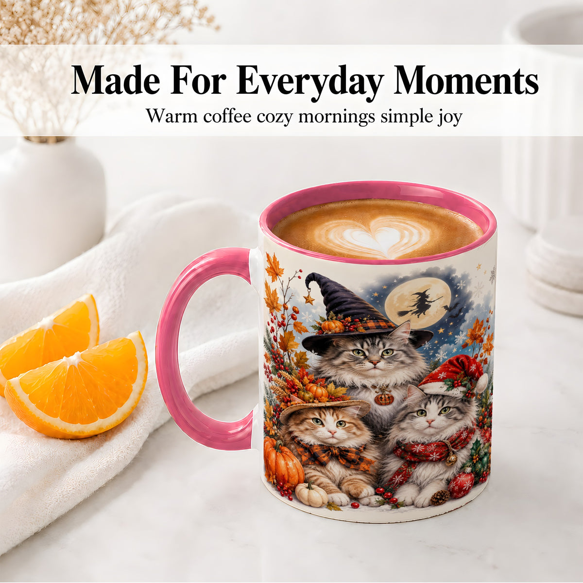 #pl[11oz|Pink] Halloween Cats Ceramic Mug, Witch Hat Pumpkin Art for Cat Lovers