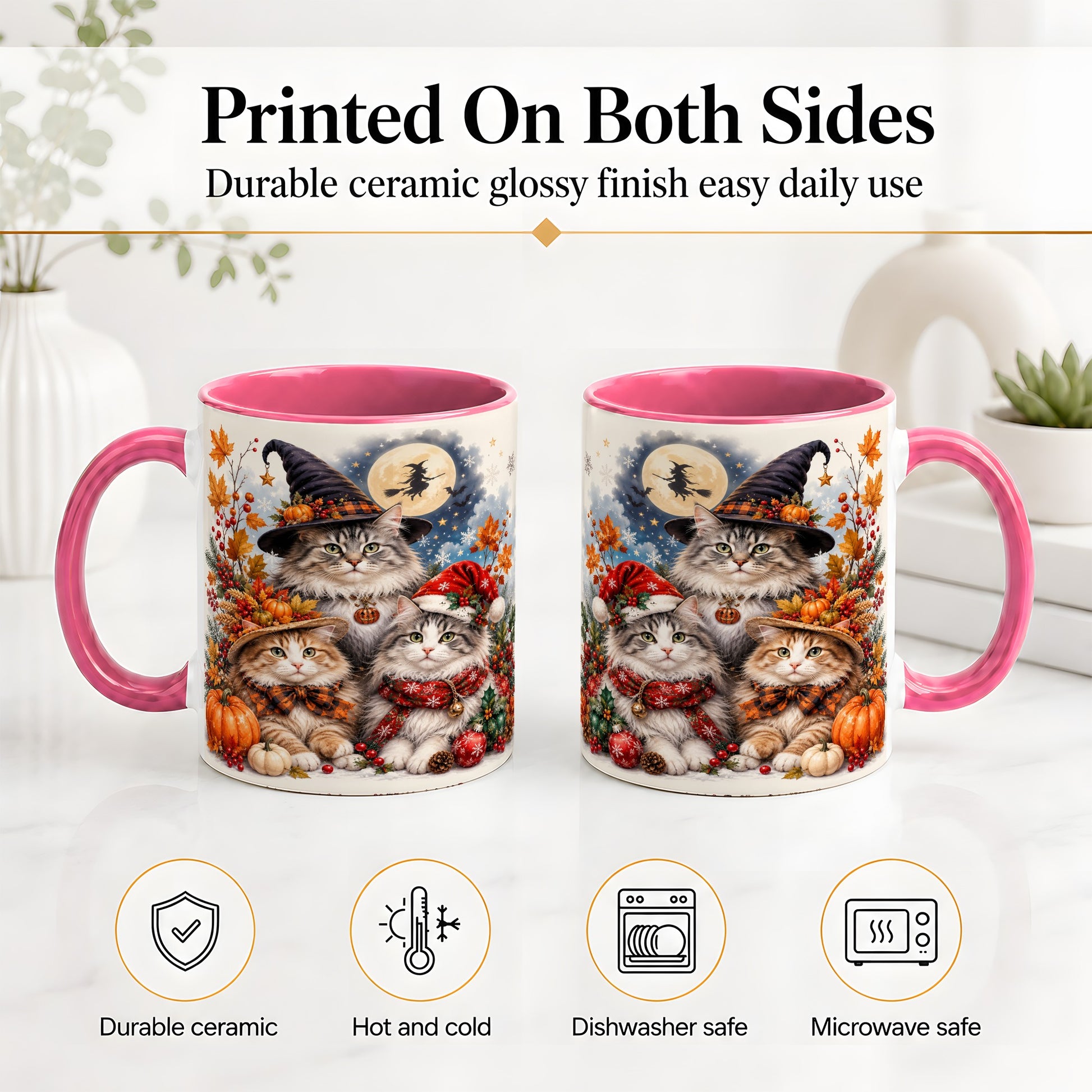 #pl[11oz|Pink] Halloween Cats Ceramic Mug, Witch Hat Pumpkin Art for Cat Lovers