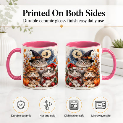#pl[11oz|Pink] Halloween Cats Ceramic Mug, Witch Hat Pumpkin Art for Cat Lovers