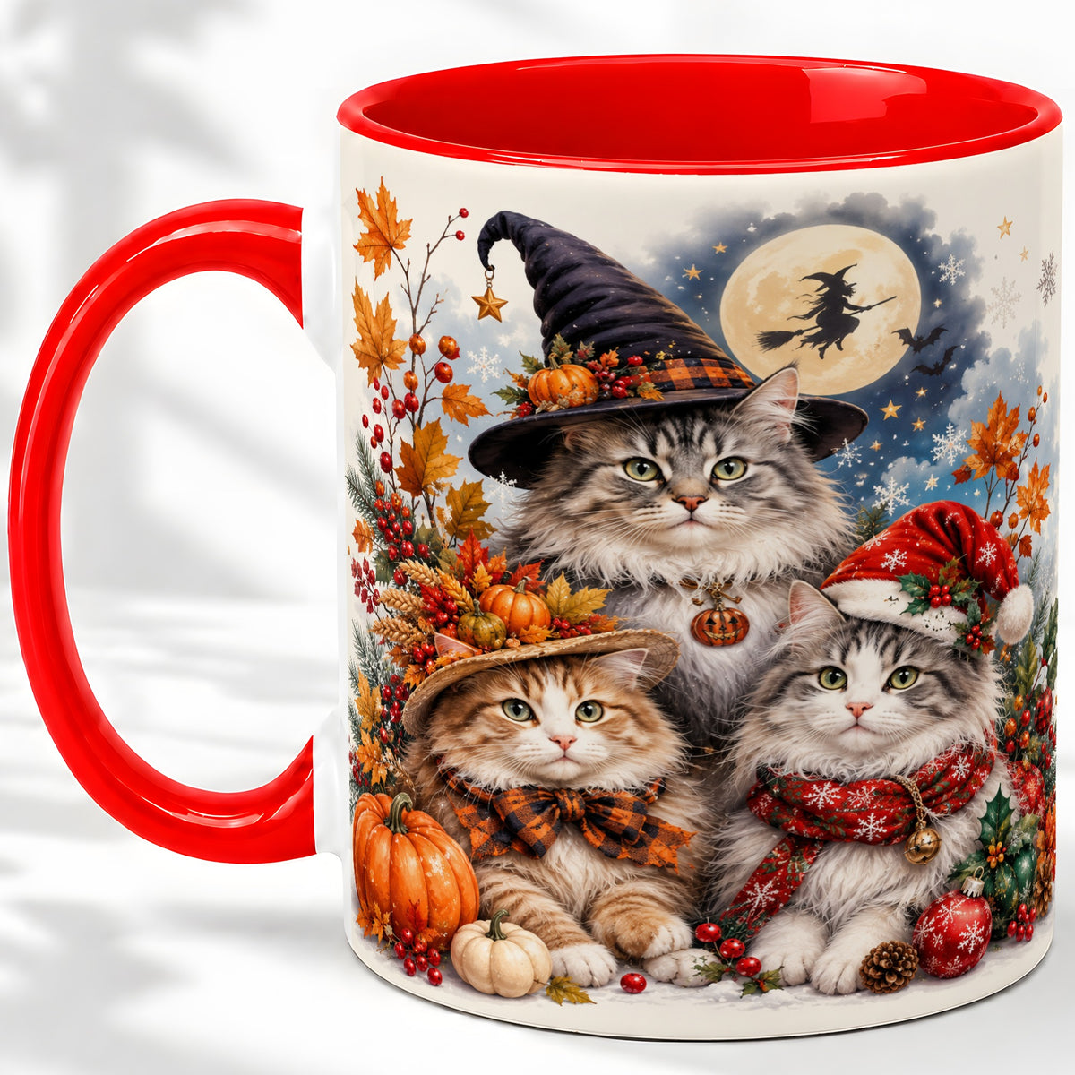 Halloween Cats Ceramic Mug, Witch Hat Pumpkin Art for Cat Lovers