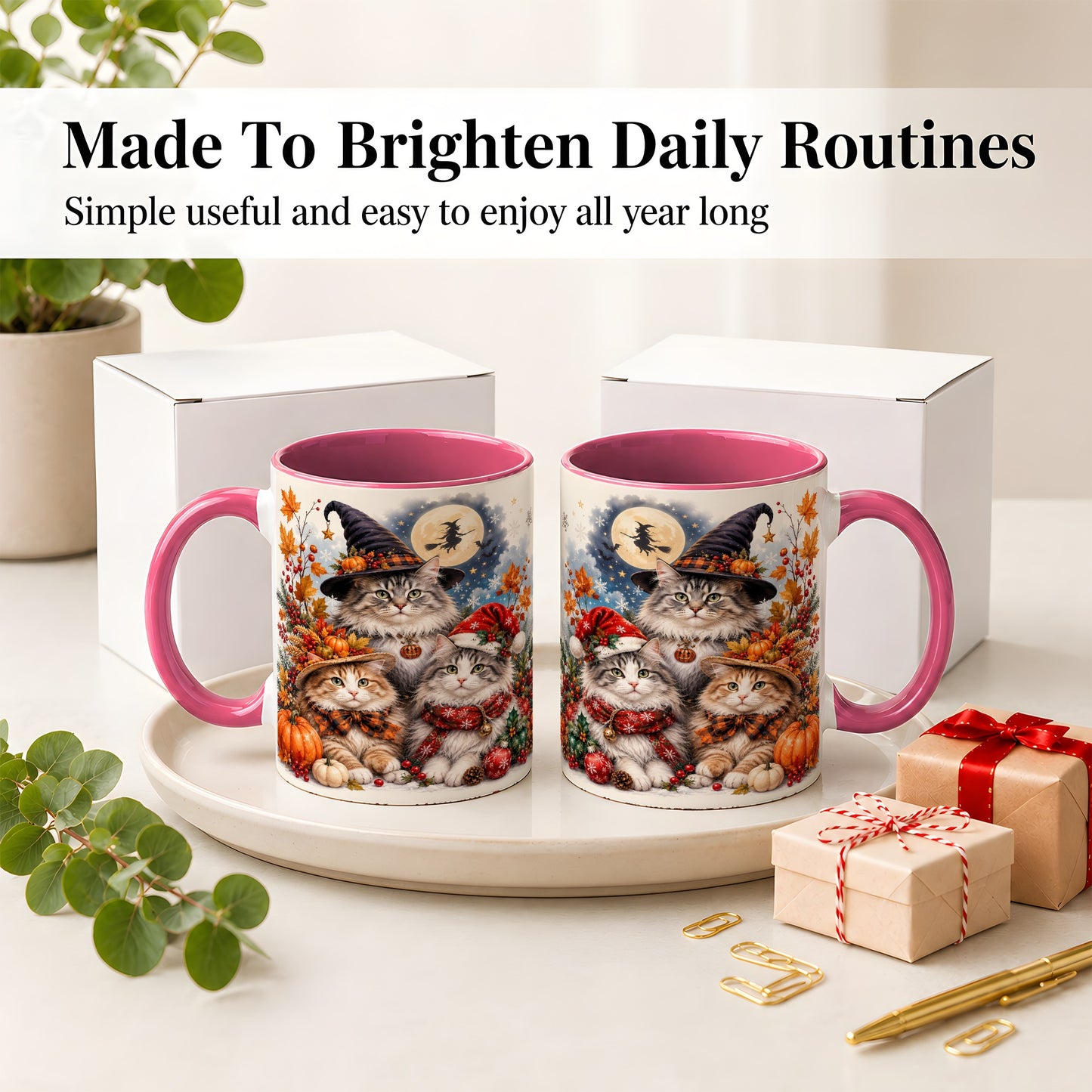 #pl[11oz|Pink] Halloween Cats Ceramic Mug, Witch Hat Pumpkin Art for Cat Lovers