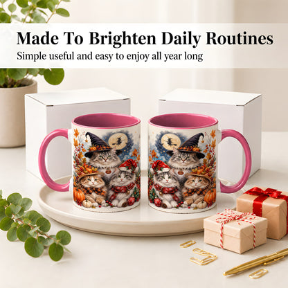 #pl[11oz|Pink] Halloween Cats Ceramic Mug, Witch Hat Pumpkin Art for Cat Lovers