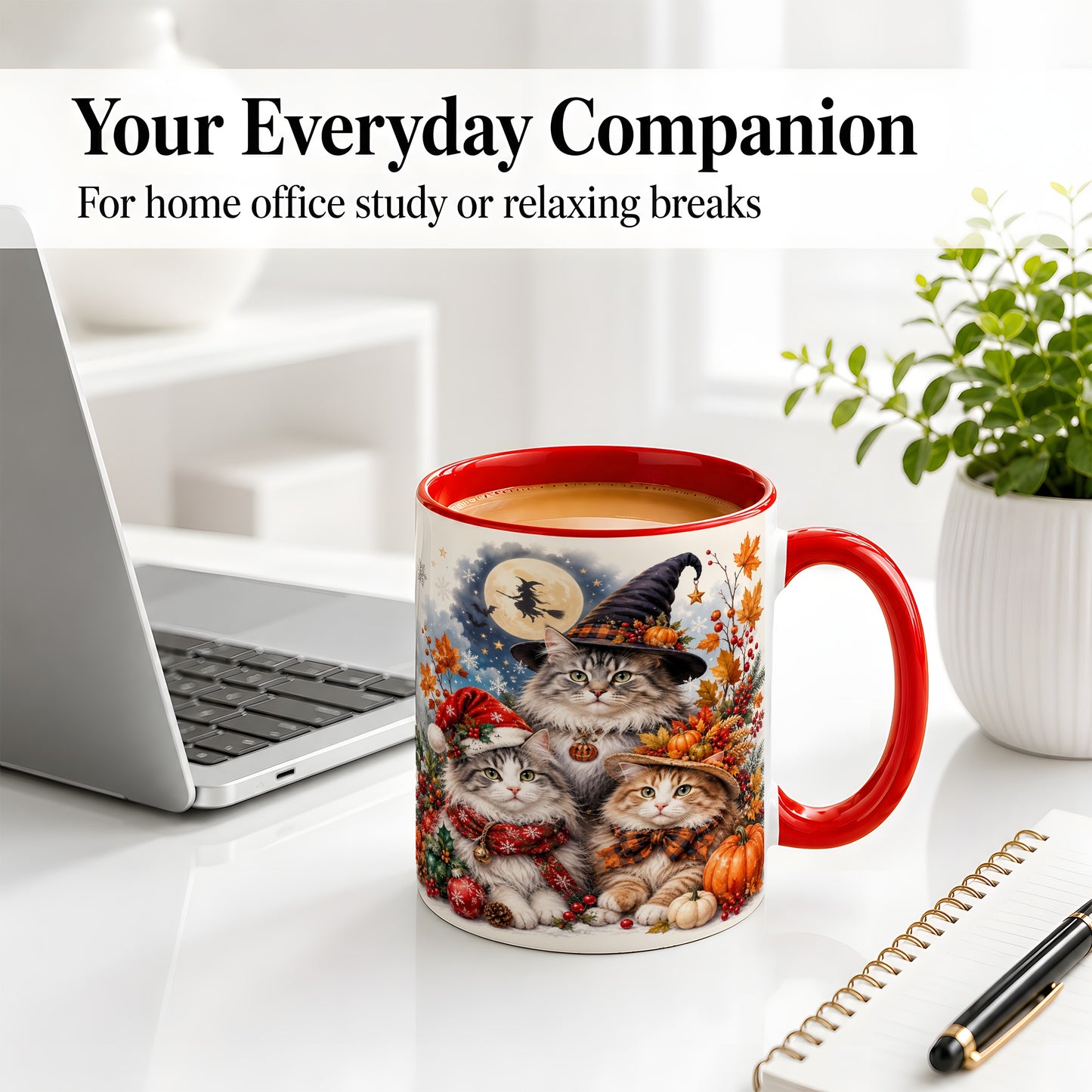 #pl[11oz|Red] Halloween Cats Ceramic Mug, Witch Hat Pumpkin Art for Cat Lovers