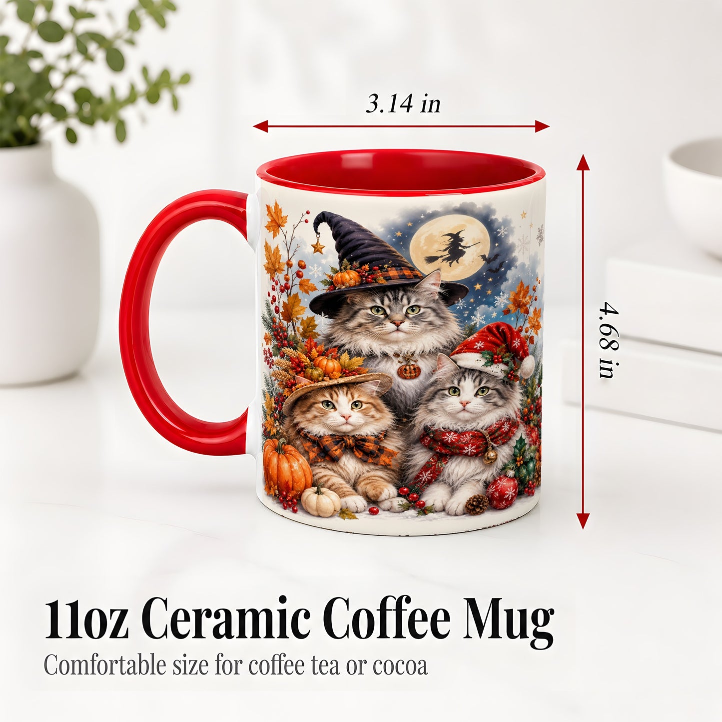 #pl[11oz|Red] Halloween Cats Ceramic Mug, Witch Hat Pumpkin Art for Cat Lovers