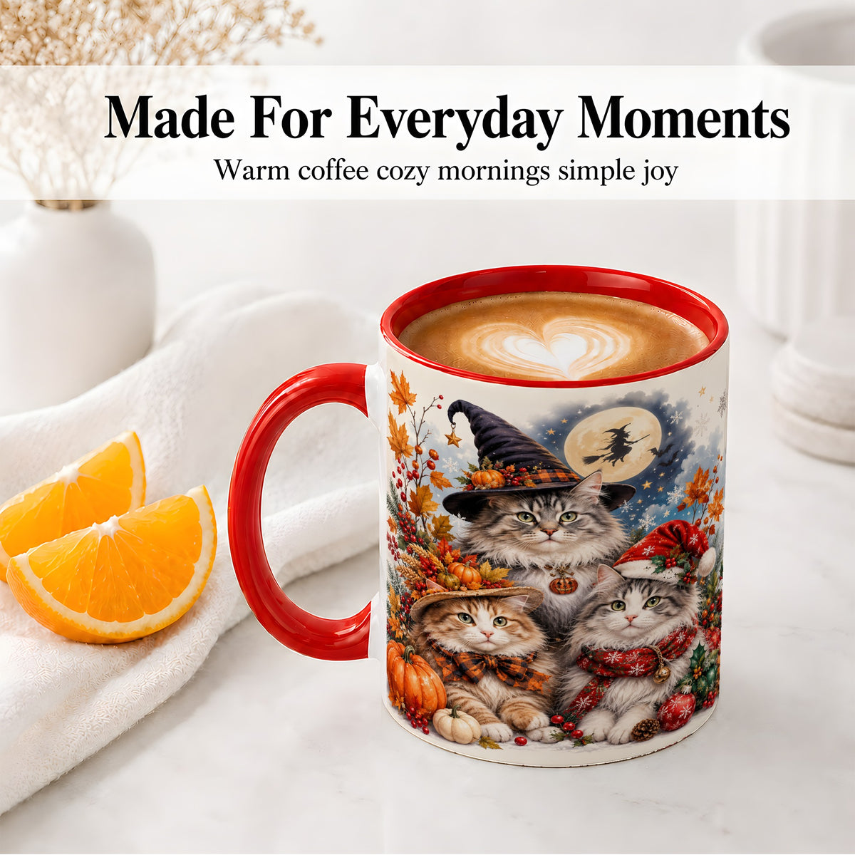 #pl[11oz|Red] Halloween Cats Ceramic Mug, Witch Hat Pumpkin Art for Cat Lovers