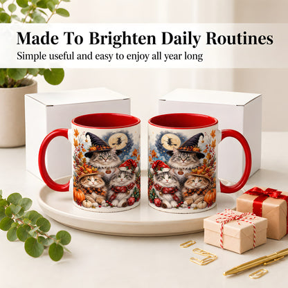 #pl[11oz|Red] Halloween Cats Ceramic Mug, Witch Hat Pumpkin Art for Cat Lovers