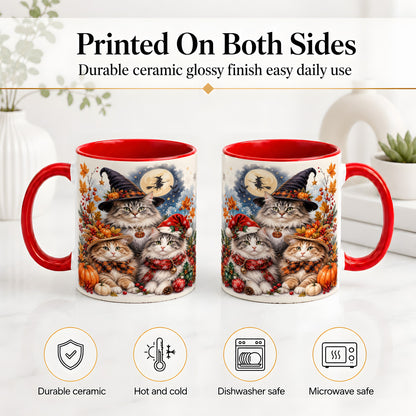 #pl[11oz|Red] Halloween Cats Ceramic Mug, Witch Hat Pumpkin Art for Cat Lovers