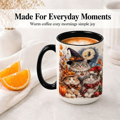 #pl[15oz|Black] Halloween Cats Ceramic Mug, Witch Hat Pumpkin Art for Cat Lovers
