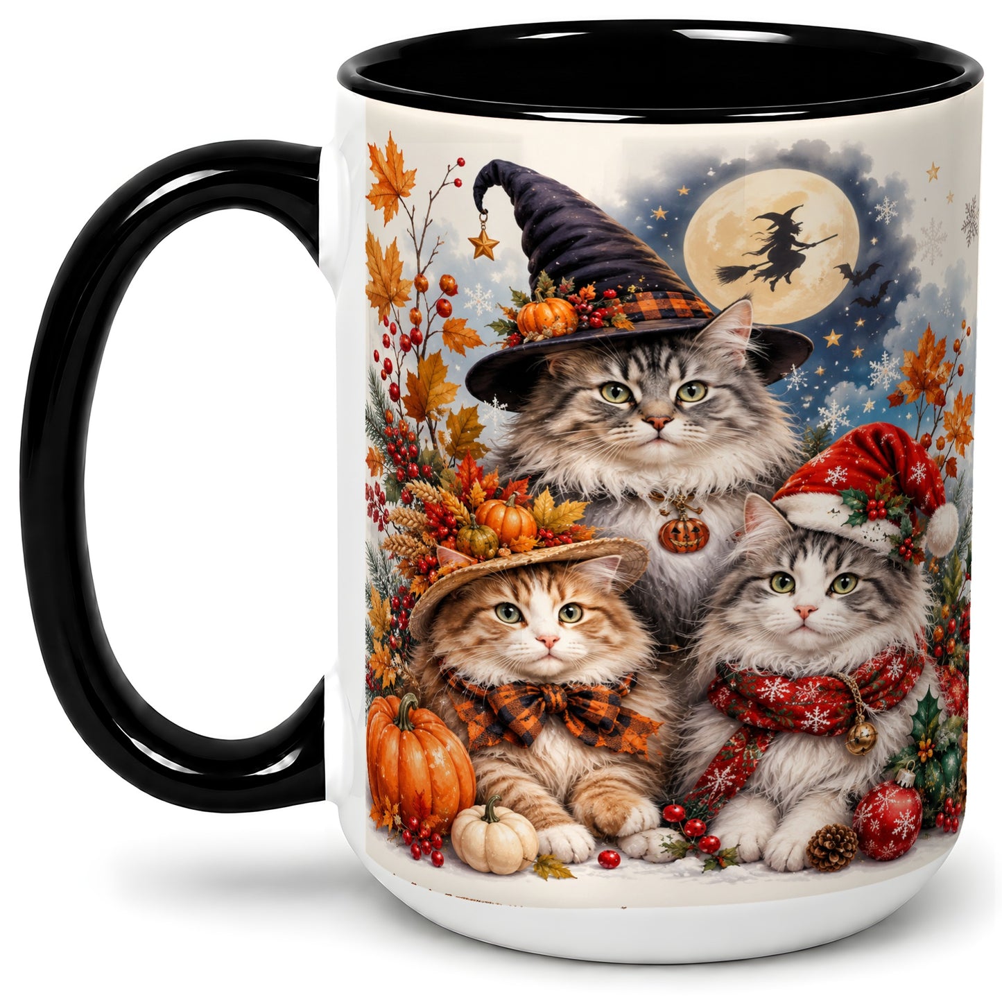 #pl[15oz|Black] Halloween Cats Ceramic Mug, Witch Hat Pumpkin Art for Cat Lovers