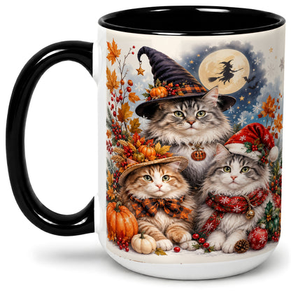 #pl[15oz|Black] Halloween Cats Ceramic Mug, Witch Hat Pumpkin Art for Cat Lovers