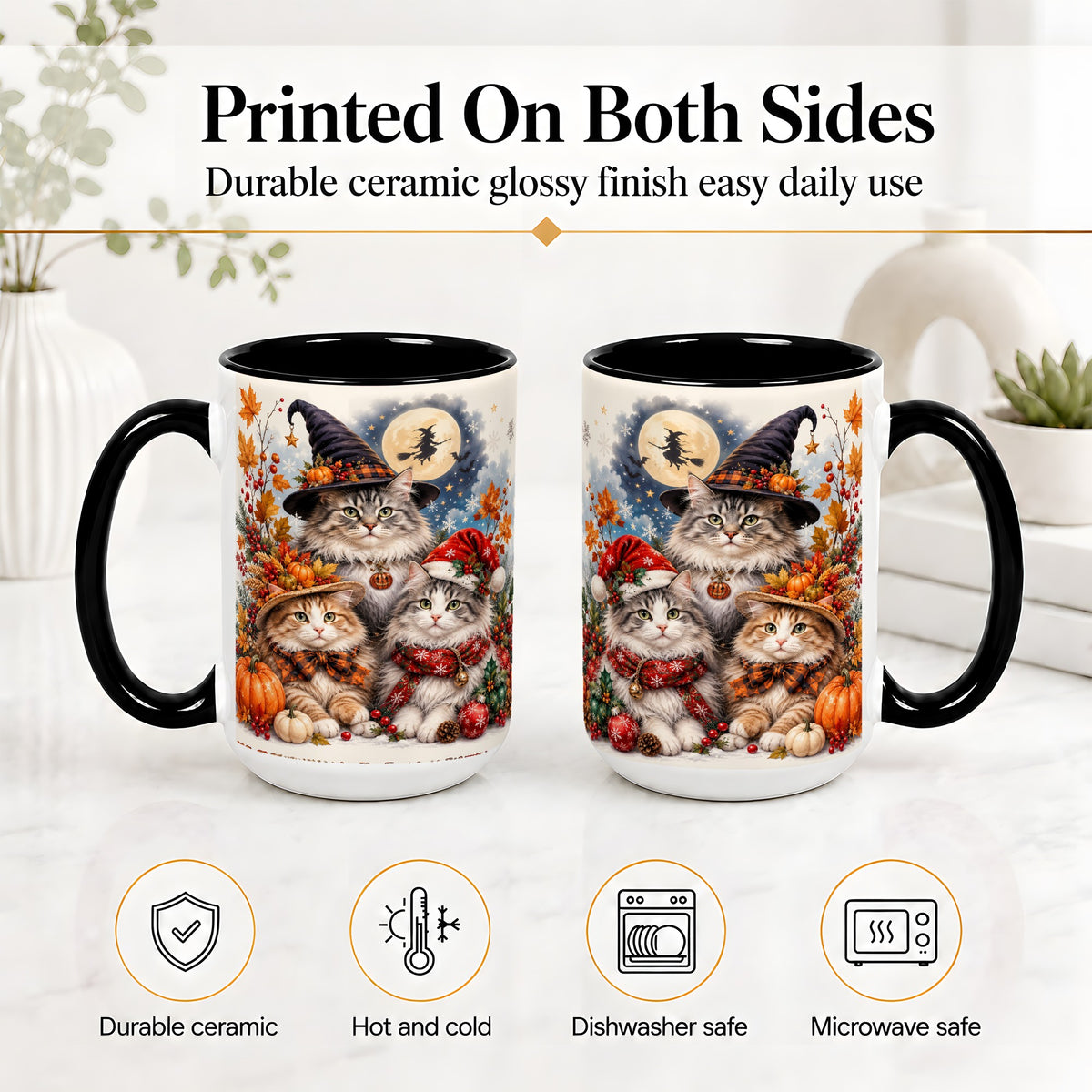 #pl[15oz|Black] Halloween Cats Ceramic Mug, Witch Hat Pumpkin Art for Cat Lovers