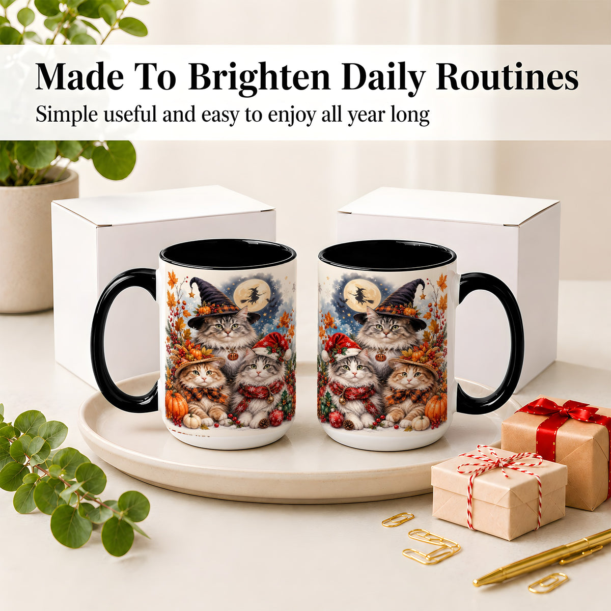 #pl[15oz|Black] Halloween Cats Ceramic Mug, Witch Hat Pumpkin Art for Cat Lovers