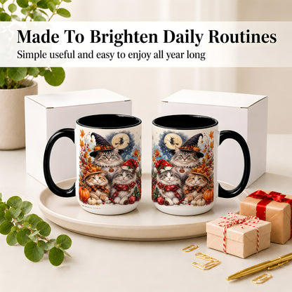 #pl[15oz|Black] Halloween Cats Ceramic Mug, Witch Hat Pumpkin Art for Cat Lovers