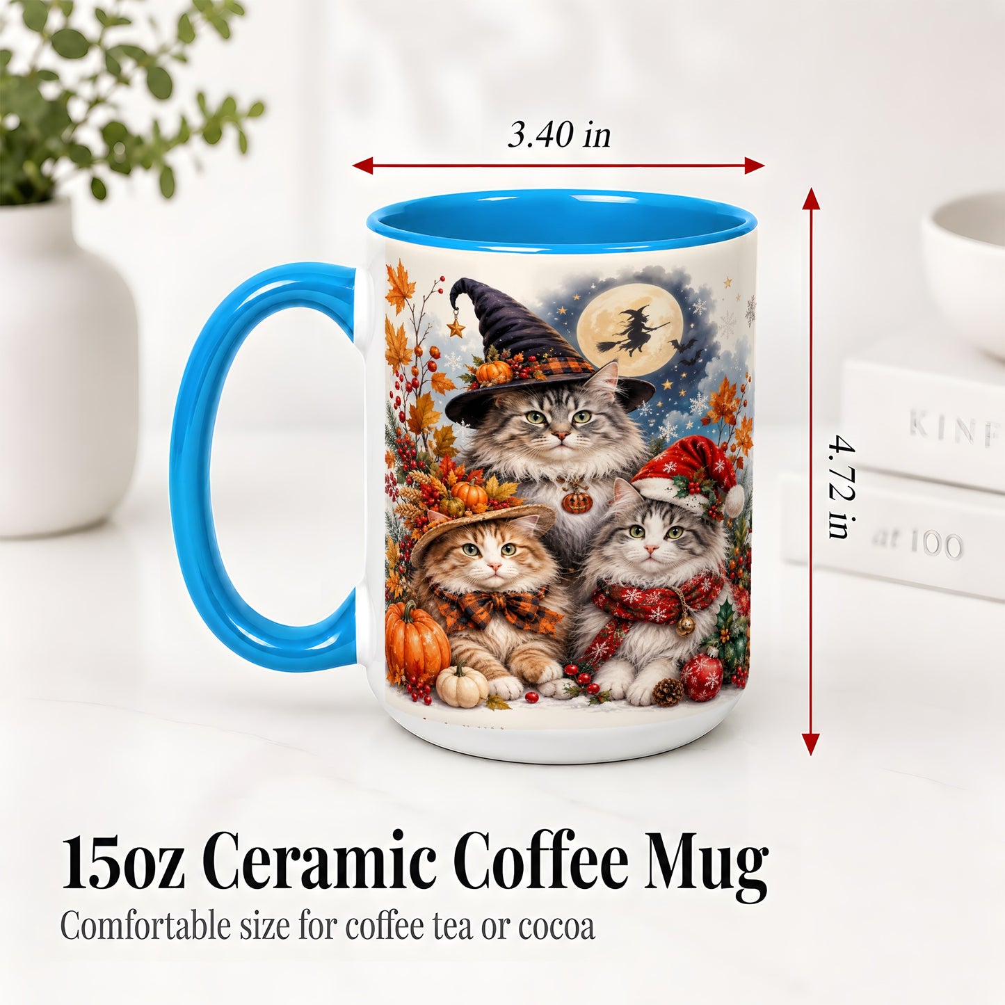 #pl[15oz|Blue] Halloween Cats Ceramic Mug, Witch Hat Pumpkin Art for Cat Lovers