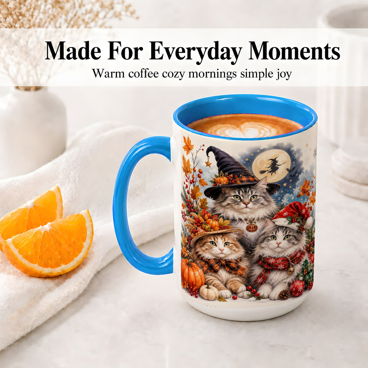 #pl[15oz|Blue] Halloween Cats Ceramic Mug, Witch Hat Pumpkin Art for Cat Lovers