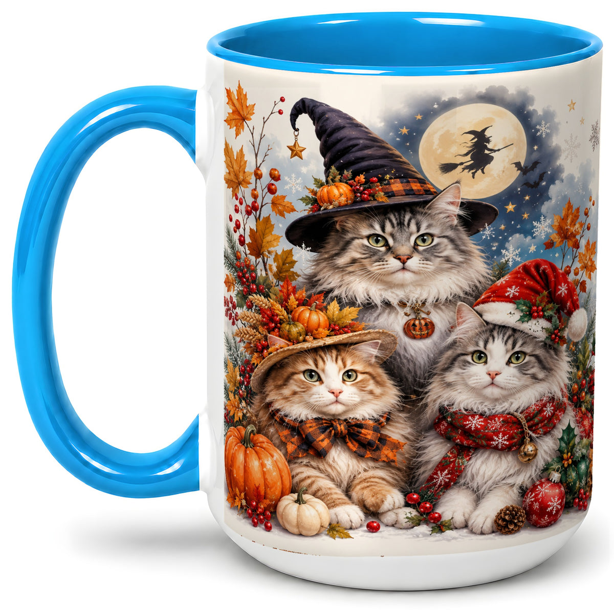 #pl[15oz|Blue] Halloween Cats Ceramic Mug, Witch Hat Pumpkin Art for Cat Lovers