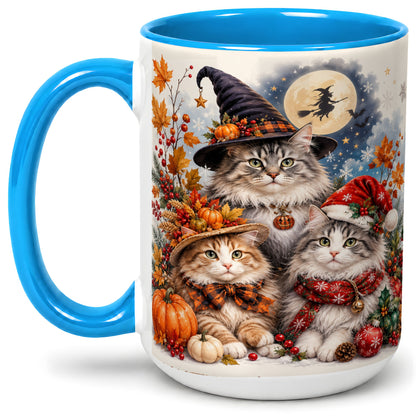 #pl[15oz|Blue] Halloween Cats Ceramic Mug, Witch Hat Pumpkin Art for Cat Lovers