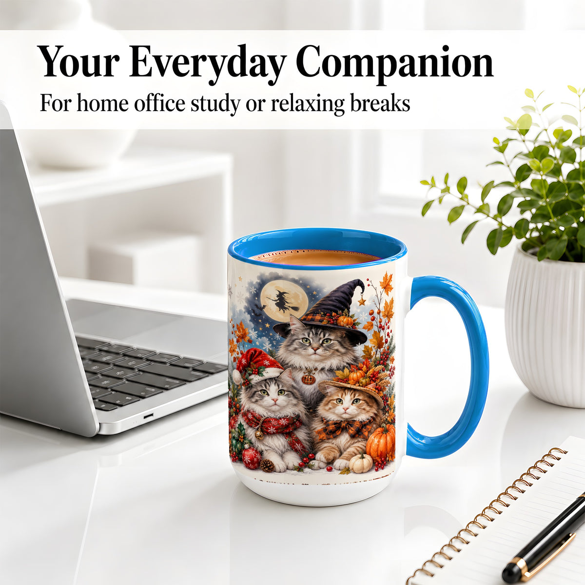 #pl[15oz|Blue] Halloween Cats Ceramic Mug, Witch Hat Pumpkin Art for Cat Lovers