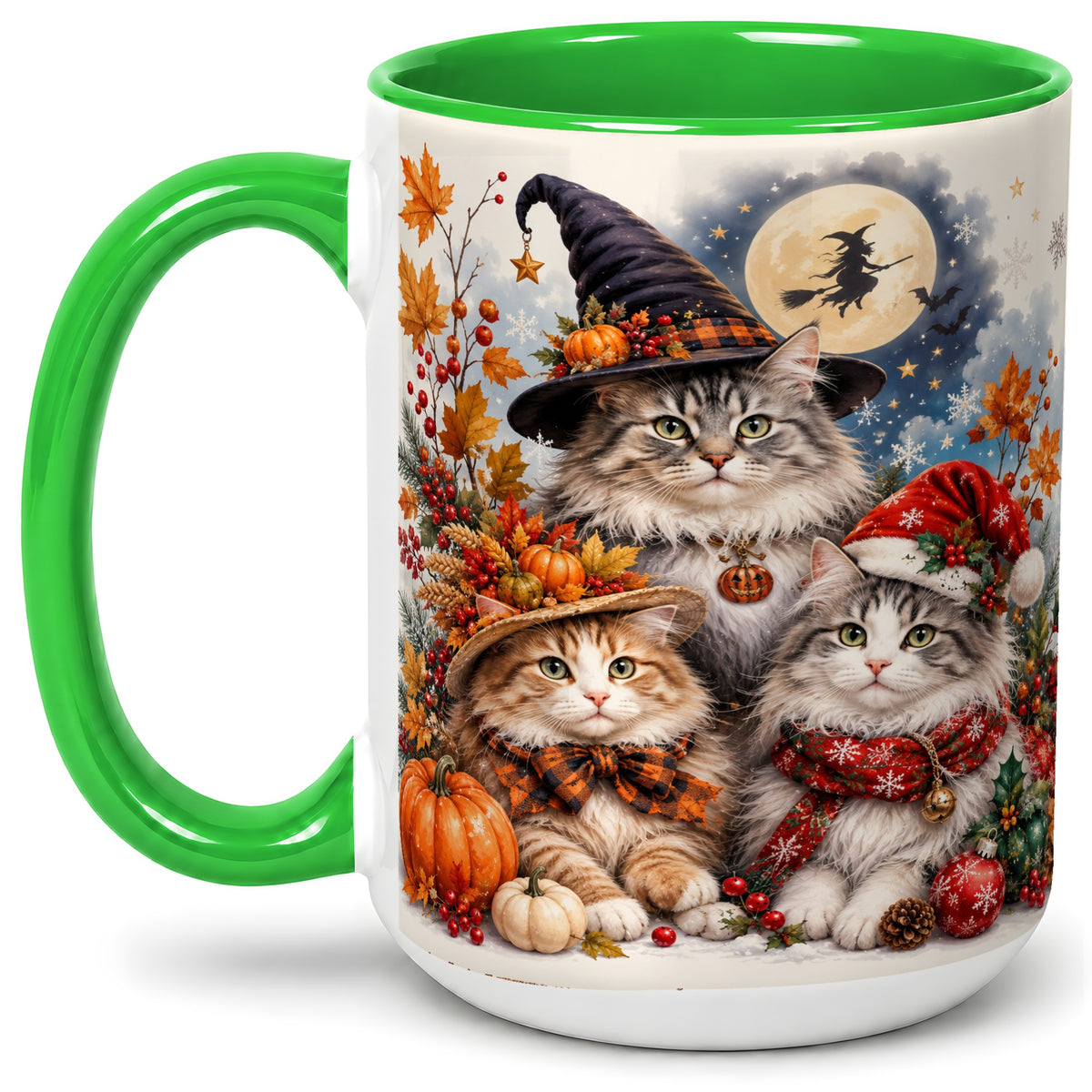 #pl[15oz|Green] Halloween Cats Ceramic Mug, Witch Hat Pumpkin Art for Cat Lovers