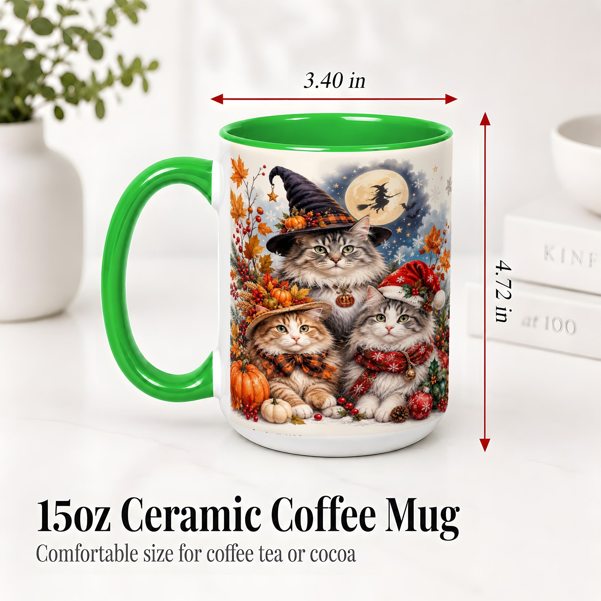 #pl[15oz|Green] Halloween Cats Ceramic Mug, Witch Hat Pumpkin Art for Cat Lovers