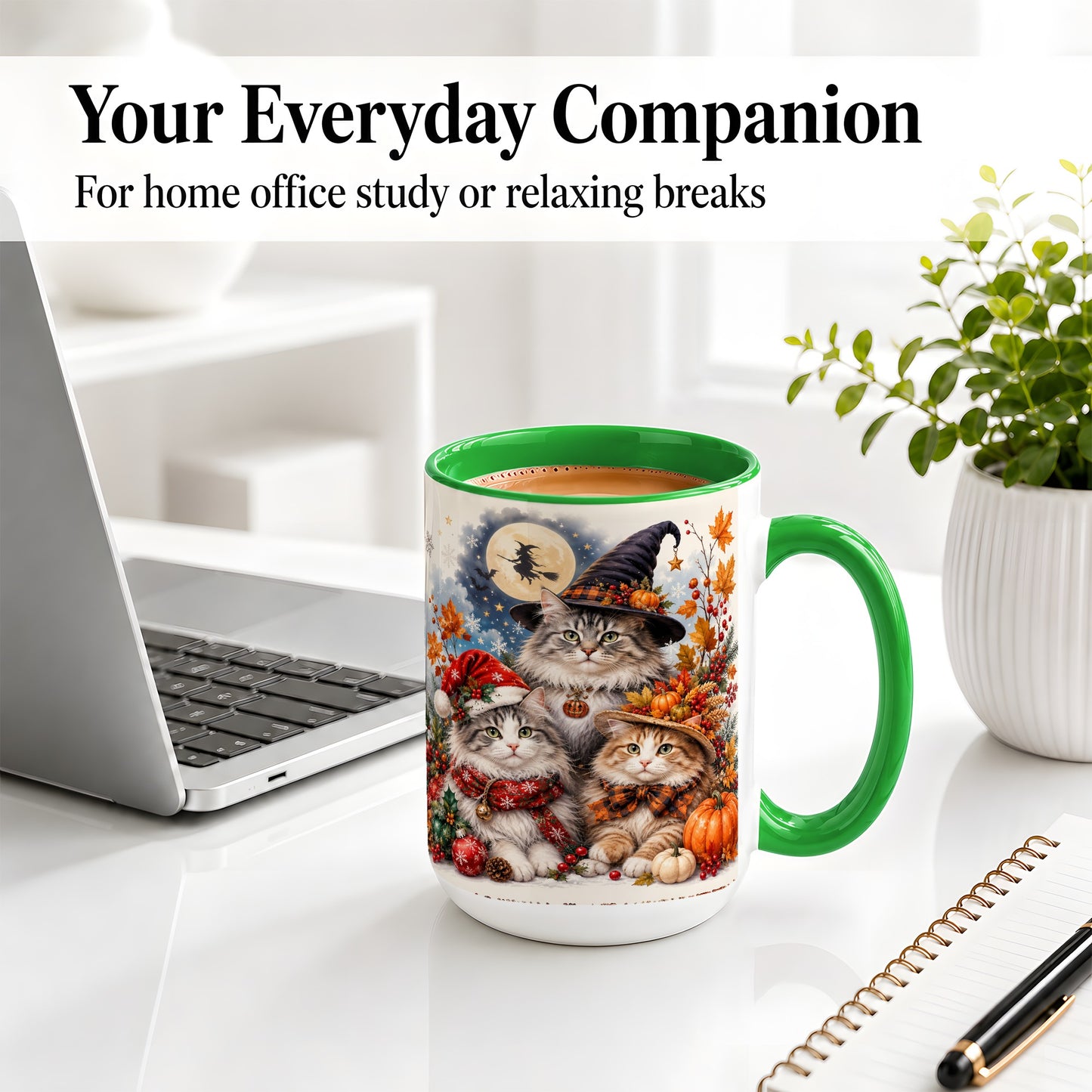 #pl[15oz|Green] Halloween Cats Ceramic Mug, Witch Hat Pumpkin Art for Cat Lovers