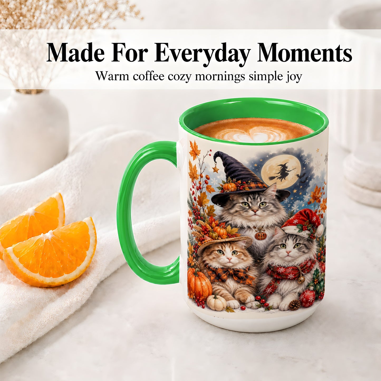 #pl[15oz|Green] Halloween Cats Ceramic Mug, Witch Hat Pumpkin Art for Cat Lovers