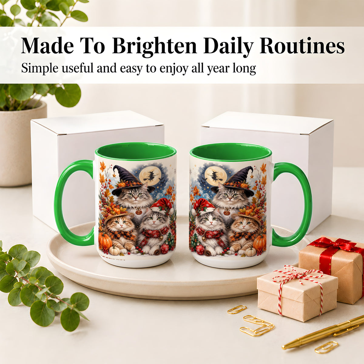 #pl[15oz|Green] Halloween Cats Ceramic Mug, Witch Hat Pumpkin Art for Cat Lovers