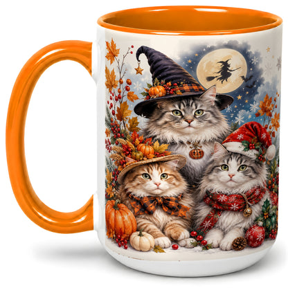 #pl[15oz|Orange] Halloween Cats Ceramic Mug, Witch Hat Pumpkin Art for Cat Lovers