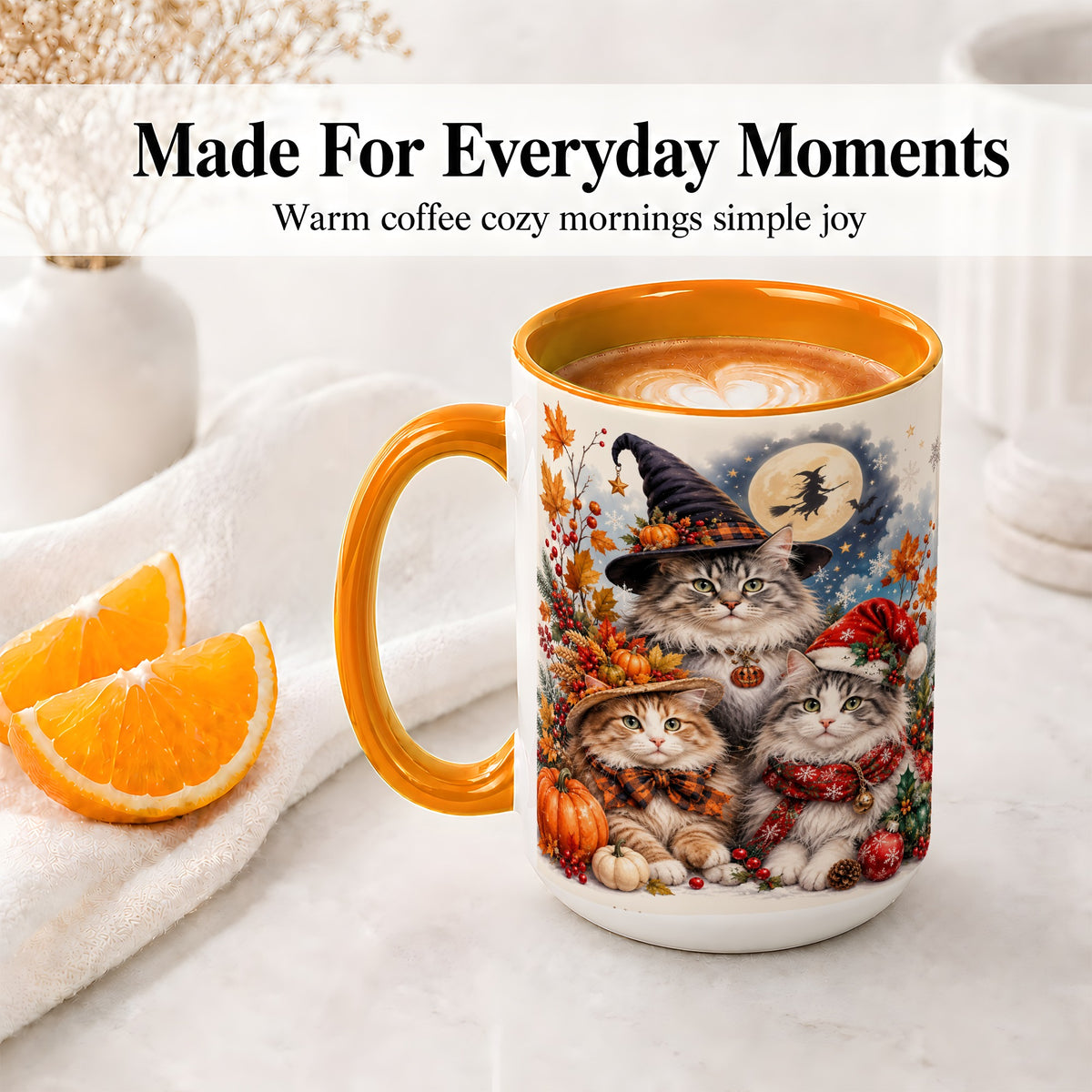 #pl[15oz|Orange] Halloween Cats Ceramic Mug, Witch Hat Pumpkin Art for Cat Lovers