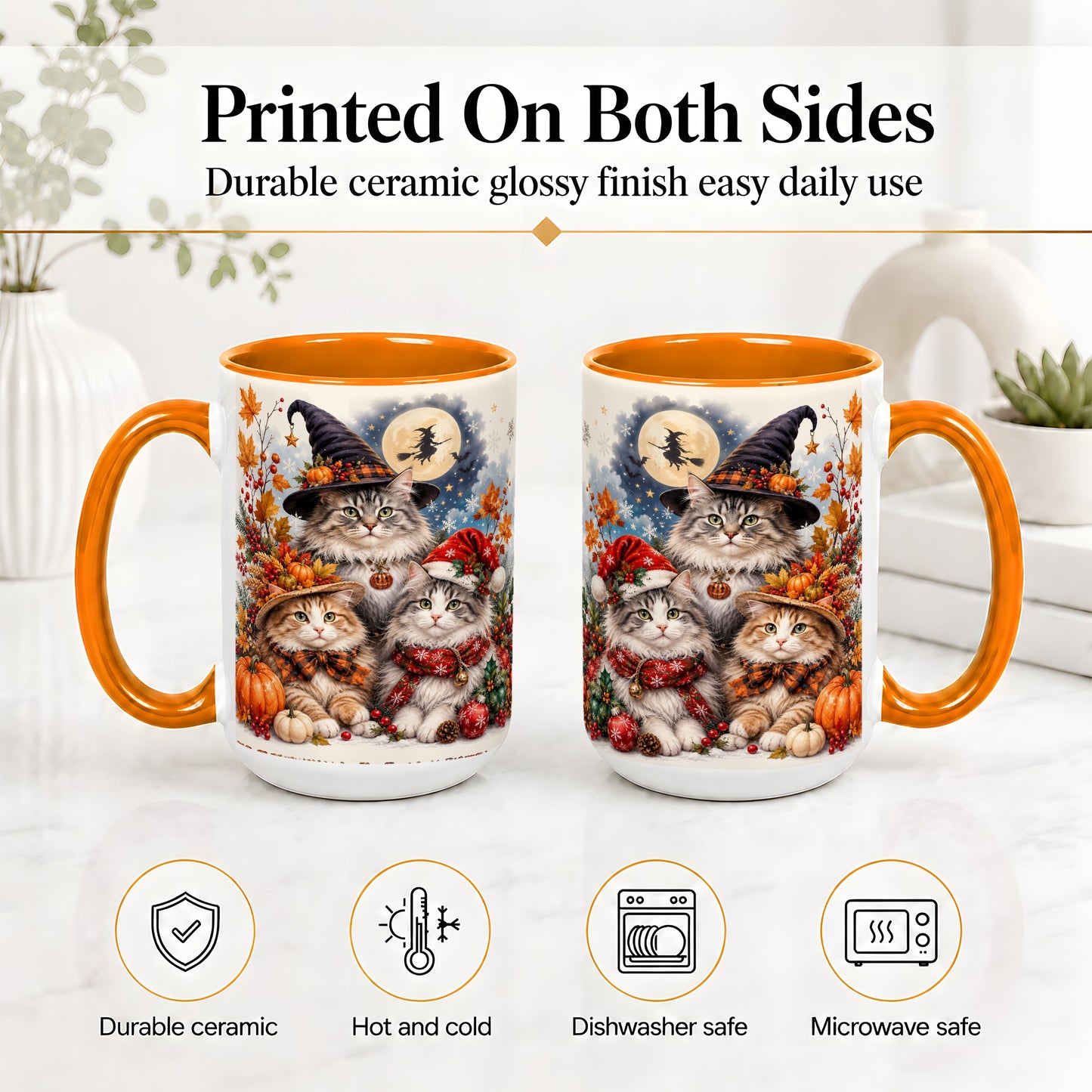 #pl[15oz|Orange] Halloween Cats Ceramic Mug, Witch Hat Pumpkin Art for Cat Lovers