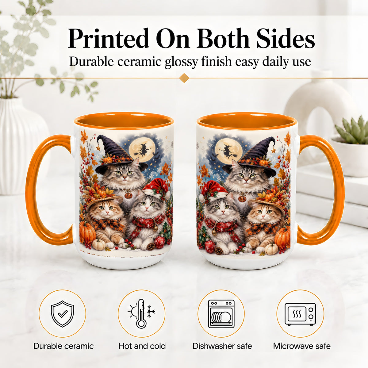 #pl[15oz|Orange] Halloween Cats Ceramic Mug, Witch Hat Pumpkin Art for Cat Lovers