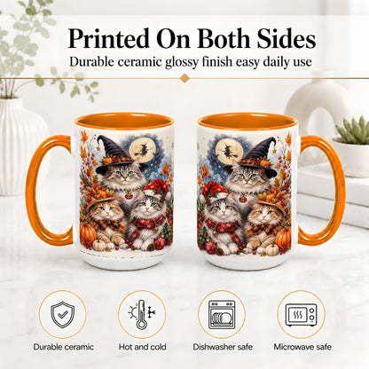 #pl[15oz|Orange] Halloween Cats Ceramic Mug, Witch Hat Pumpkin Art for Cat Lovers