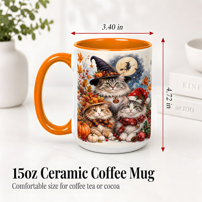 #pl[15oz|Orange] Halloween Cats Ceramic Mug, Witch Hat Pumpkin Art for Cat Lovers