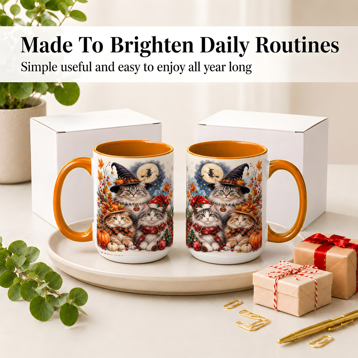 #pl[15oz|Orange] Halloween Cats Ceramic Mug, Witch Hat Pumpkin Art for Cat Lovers