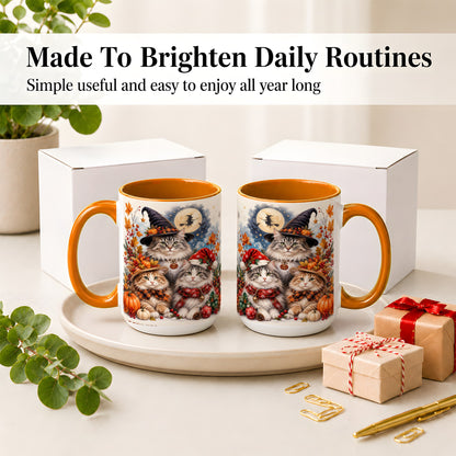 #pl[15oz|Orange] Halloween Cats Ceramic Mug, Witch Hat Pumpkin Art for Cat Lovers