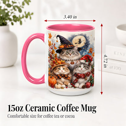 #pl[15oz|Pink] Halloween Cats Ceramic Mug, Witch Hat Pumpkin Art for Cat Lovers