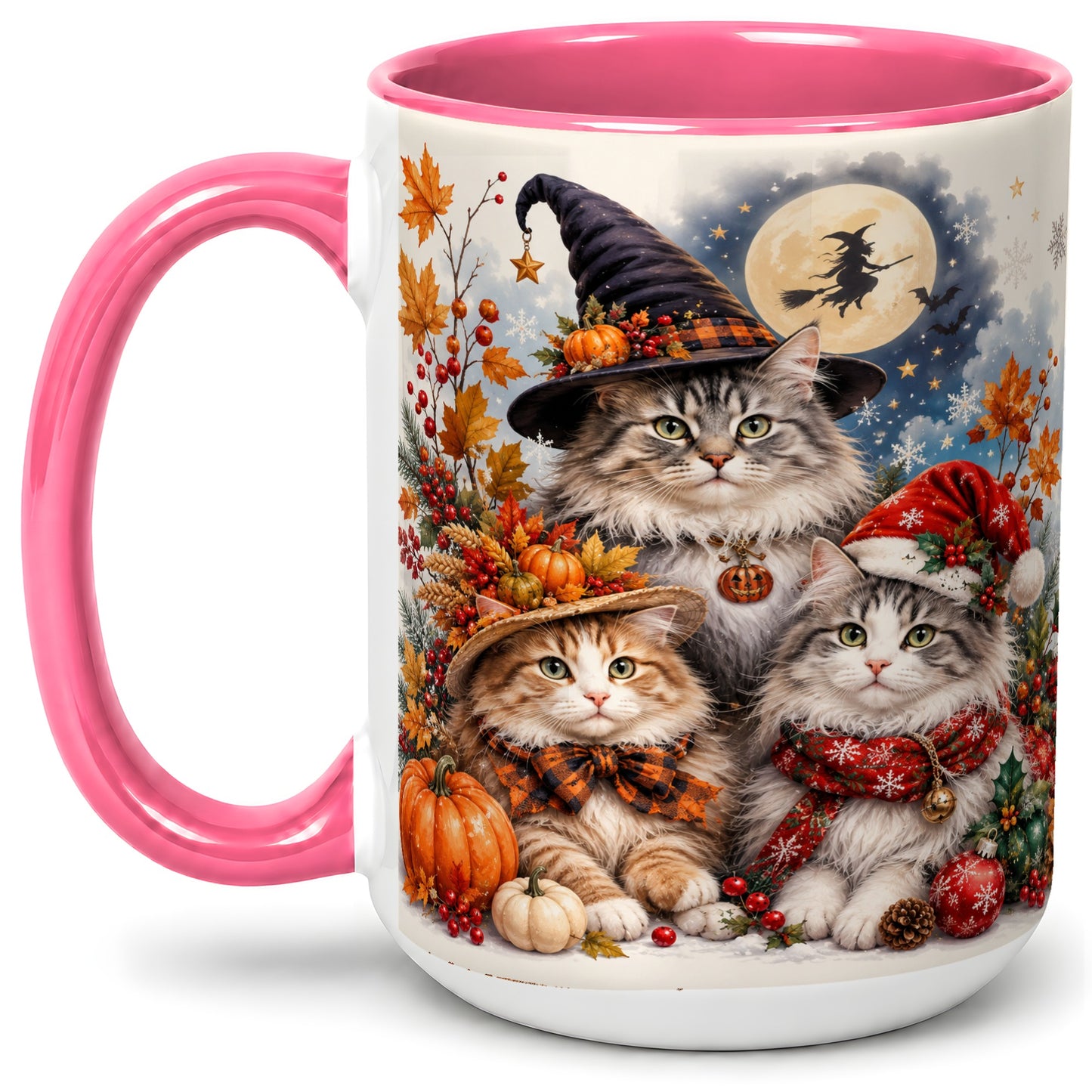 #pl[15oz|Pink] Halloween Cats Ceramic Mug, Witch Hat Pumpkin Art for Cat Lovers