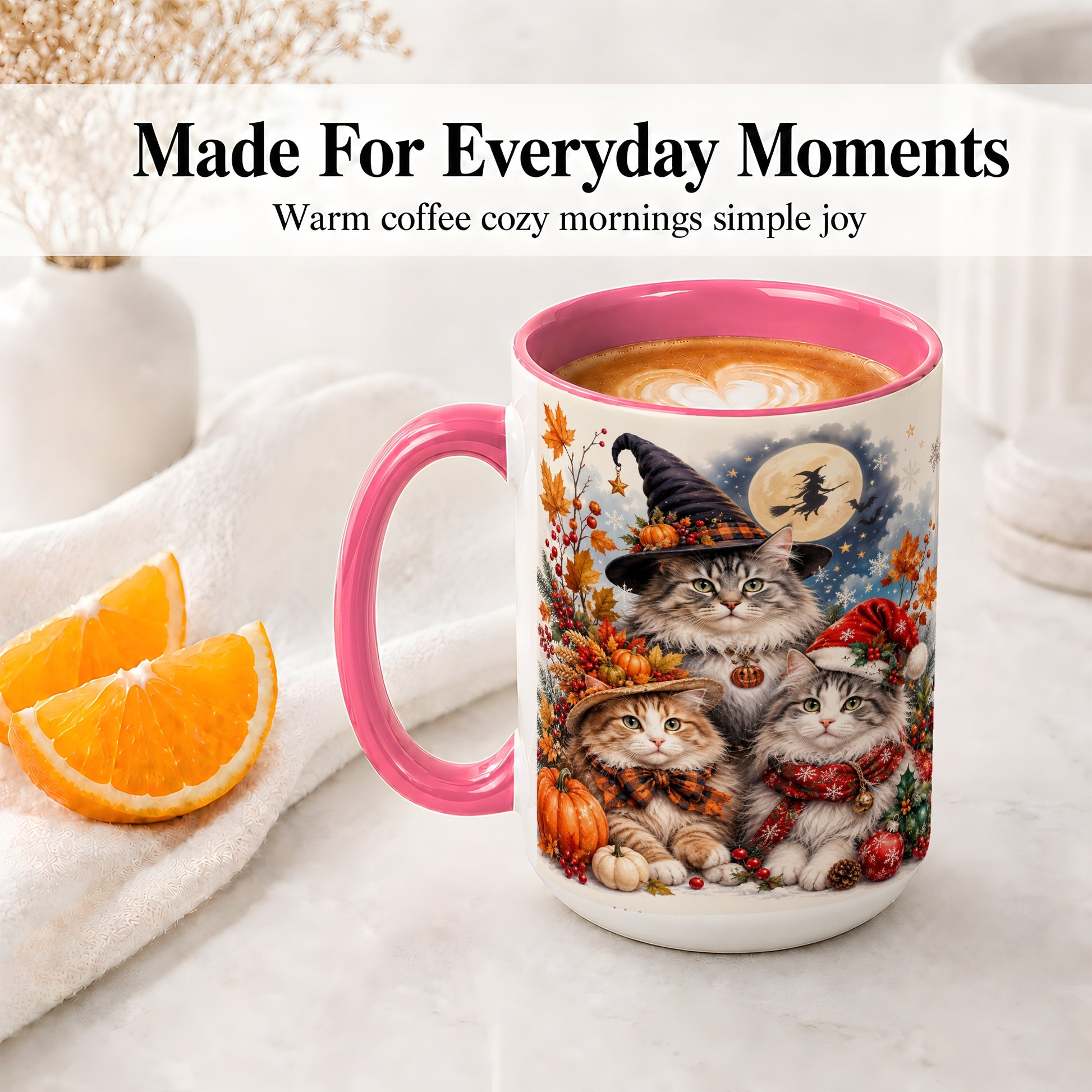 #pl[15oz|Pink] Halloween Cats Ceramic Mug, Witch Hat Pumpkin Art for Cat Lovers