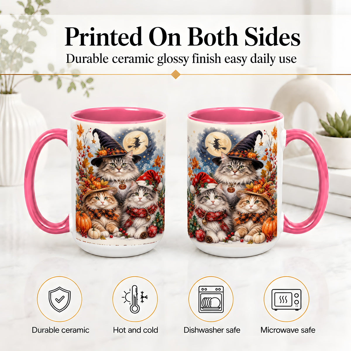 #pl[15oz|Pink] Halloween Cats Ceramic Mug, Witch Hat Pumpkin Art for Cat Lovers