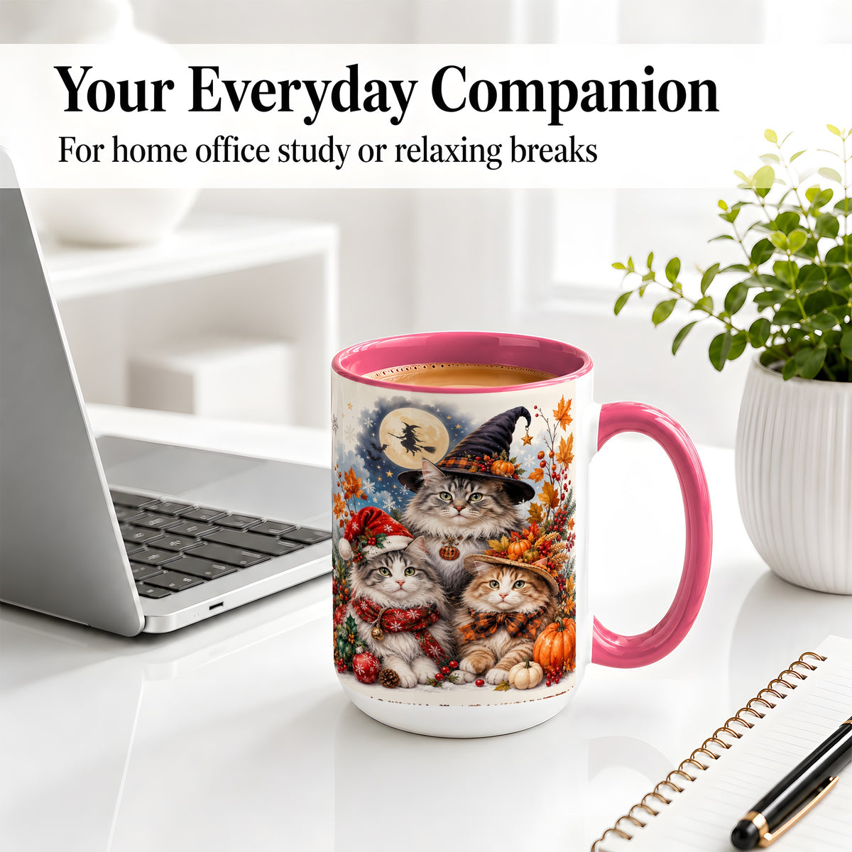 #pl[15oz|Pink] Halloween Cats Ceramic Mug, Witch Hat Pumpkin Art for Cat Lovers
