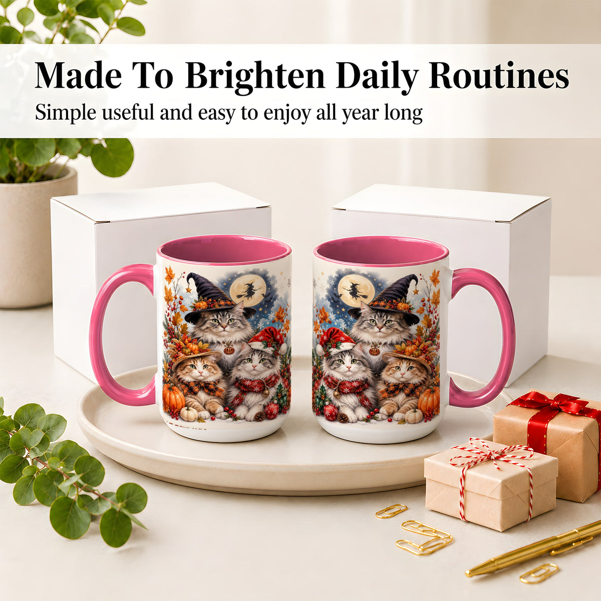#pl[15oz|Pink] Halloween Cats Ceramic Mug, Witch Hat Pumpkin Art for Cat Lovers