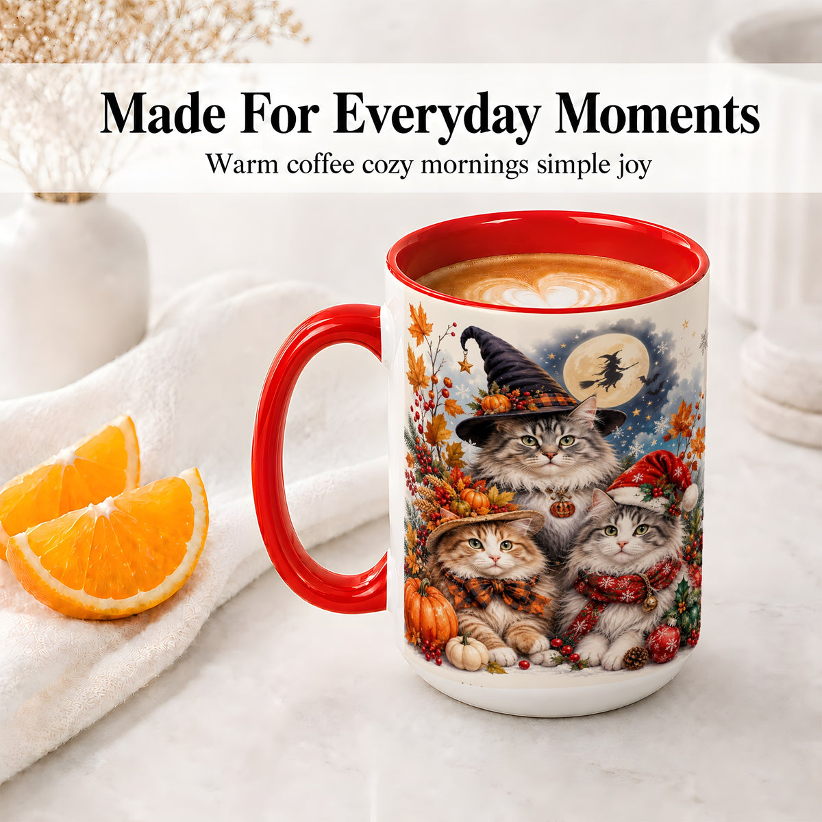 #pl[15oz|Red] Halloween Cats Ceramic Mug, Witch Hat Pumpkin Art for Cat Lovers