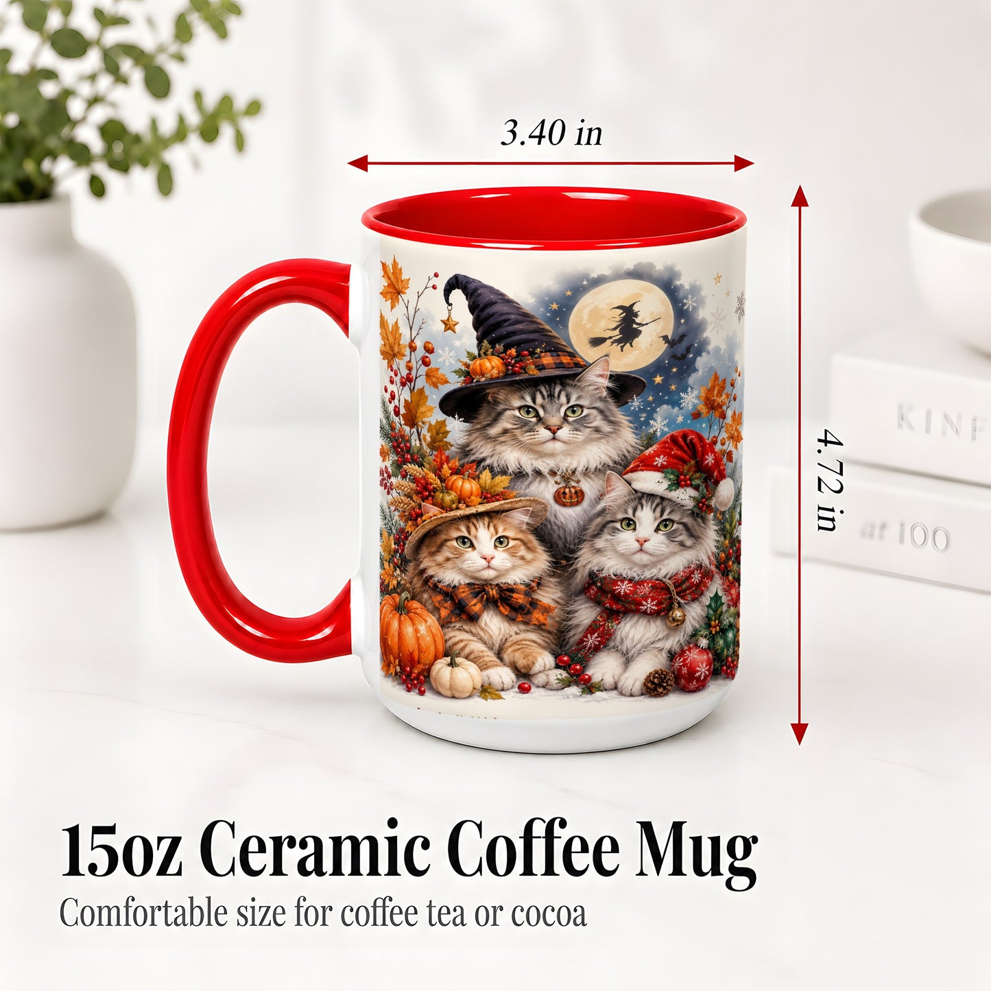 #pl[15oz|Red] Halloween Cats Ceramic Mug, Witch Hat Pumpkin Art for Cat Lovers