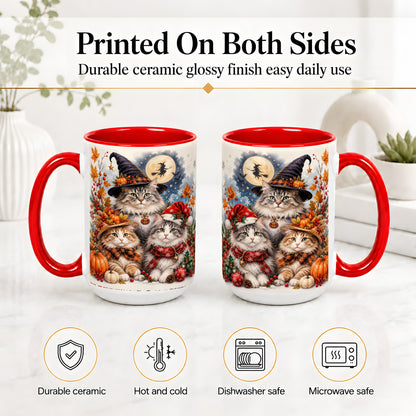 #pl[15oz|Red] Halloween Cats Ceramic Mug, Witch Hat Pumpkin Art for Cat Lovers