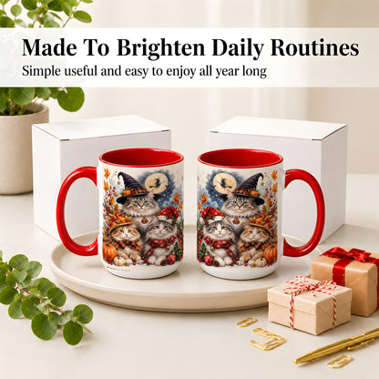 #pl[15oz|Red] Halloween Cats Ceramic Mug, Witch Hat Pumpkin Art for Cat Lovers