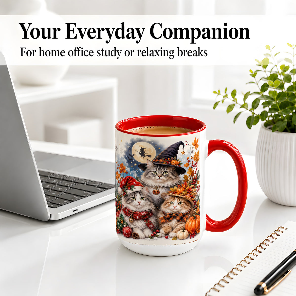 #pl[15oz|Red] Halloween Cats Ceramic Mug, Witch Hat Pumpkin Art for Cat Lovers