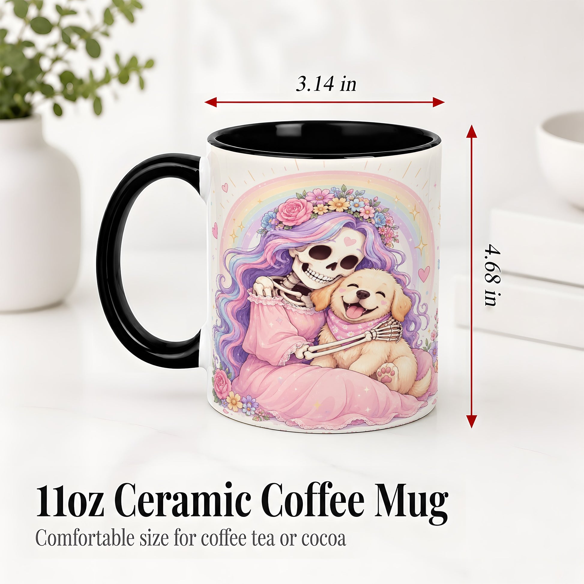#pl[11oz|Black] Pastel Skeleton Dog Ceramic Mug, Floral Rainbow Art for Dog Lovers