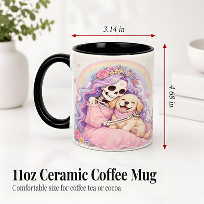 #pl[11oz|Black] Pastel Skeleton Dog Ceramic Mug, Floral Rainbow Art for Dog Lovers
